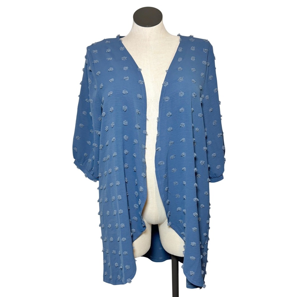 Hotouch Blue Swiss Dot Pom Pom Open Front Cardigan Kimono Women Large‎ NWT